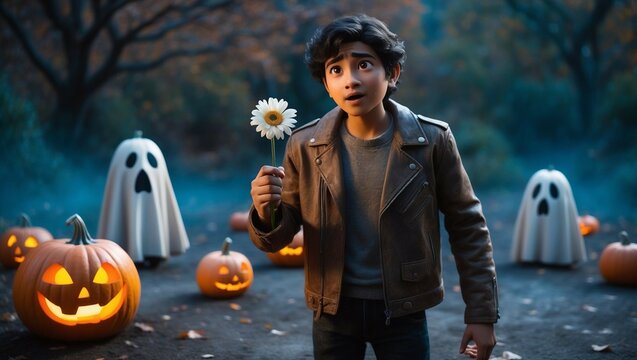Prompt: Cinematic, animated scene of Suresh holding a single flower, his face showing a mix of hope and fear, medium shot focusing on the flower in Suresh&rsquo;s hand, horrifying ground landscape with ghos