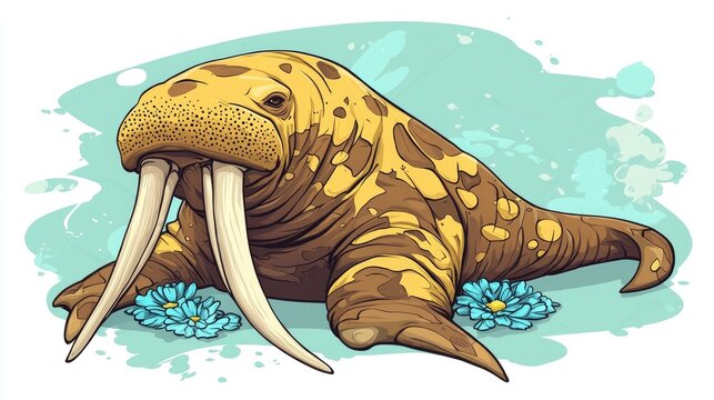 yellow walrus with tusks and blue flowers clip art preview