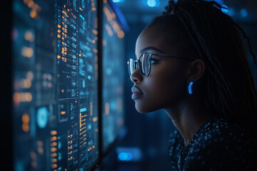 AI cyber security threat illustration, Black African American female IT specialist analysing data
