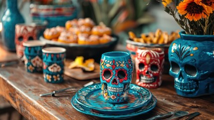Fototapeta premium Themed Day of the Dead party with colorful decorations, sugar skulls, and traditional Mexican dishes