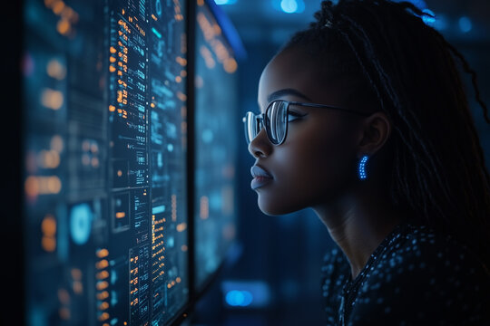 AI cyber security threat illustration, Black African American female IT specialist analysing data