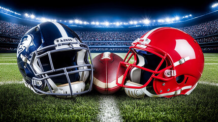 American football field stadium lights helmet and ball touchdown background