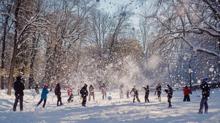 People enjoying playing in fresh snow during wintertime and having a snowball fight in park