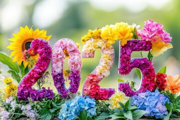 Fototapeta premium Colorful floral arrangement forming the year 2025 amidst vibrant flowers.