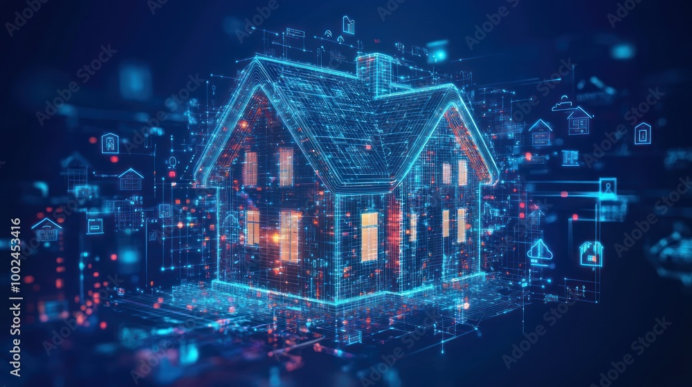 Poster digital wireframe model of a two-story house with integrated technology