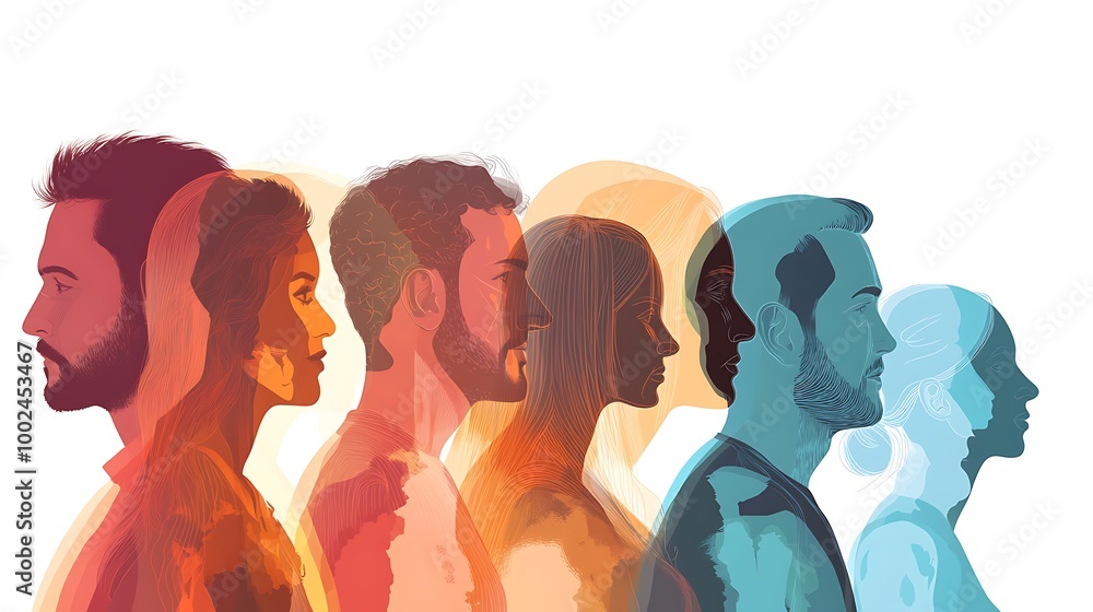 Poster six diverse individuals in a row, each with a vibrant color gradient.