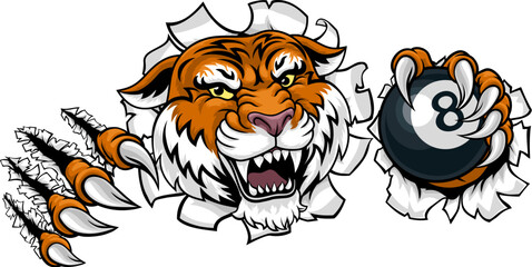 A tiger angry mean pool billiards mascot cartoon character holding a black 8 ball.