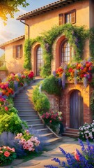 Tuscan Dream House: A picturesque Italian villa bathed in warm sunlight, adorned with vibrant flowers and lush greenery, inviting you to experience the charm of the Italian countryside.