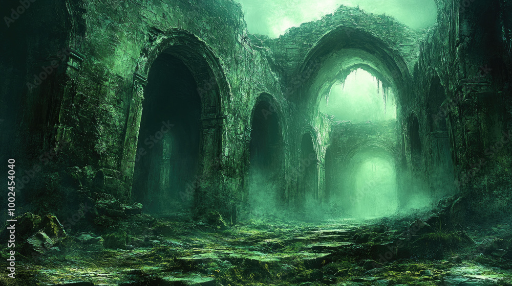 Aufkleber ancient structures covered in moss and illuminated by green mist create an ethereal atmosphere in a 