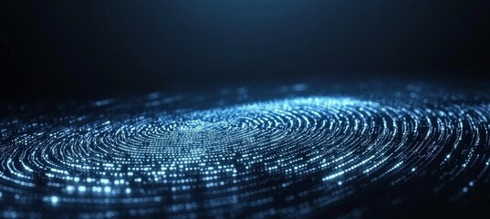 Futuristic Security Fingerprint, Blue Futuristic Technological Background With Glowing Neon Lights.