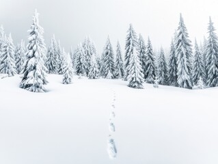 Fototapeta premium A serene winter landscape featuring snow-covered trees and a single set of footprints leading into the peaceful scene.