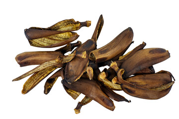 Old ugly rotten spoiled banana peel, over ripe fruit isolated on a white background, copy space.
