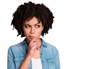 Portrait of concentrated stirct smart college university people touch fingers chin look have option...