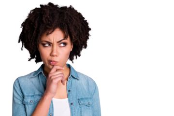 Portrait of concentrated stirct smart college university people touch fingers chin look have option choice decision solve problems troubles puzzled wear modern youth outfit isolated grey background