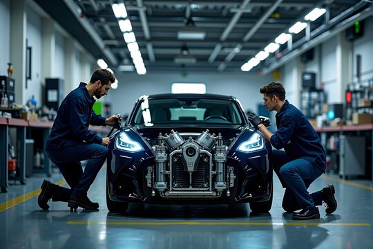 Technicians repairing electric car powertrains in a high-tech garage