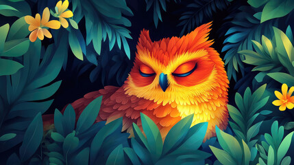 Fototapeta premium A vividly colored orange owl is nestled among dark green leaves and bright yellow flowers as twilight descends in the forest