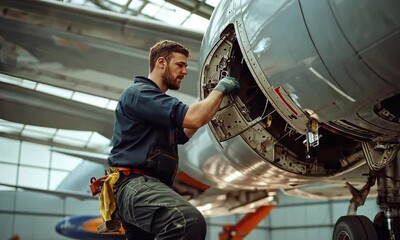 male mechanic with safety helmet working on plane in hangar - Powered by Adobe