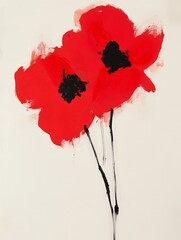 A painting of two red flowers with black centers