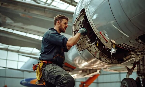 male mechanic with safety helmet working on plane in hangar