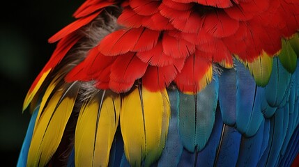 Fototapeta premium Red, Yellow, Blue Bird Feathers Close Up on Black Background