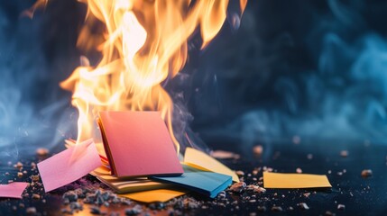 Colorful sticky notes ablaze amidst smoky background in fiery scene.