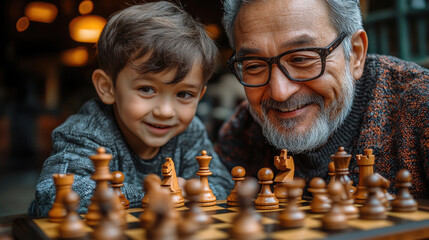 A young boy and his grandfather enjoy a game of chess at a warm cafe, exchanging smiles and learning from each other's moves on a beautiful afternoon
