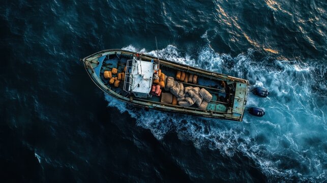 A smuggler's boat, laden with contraband, moves undetected through international waters