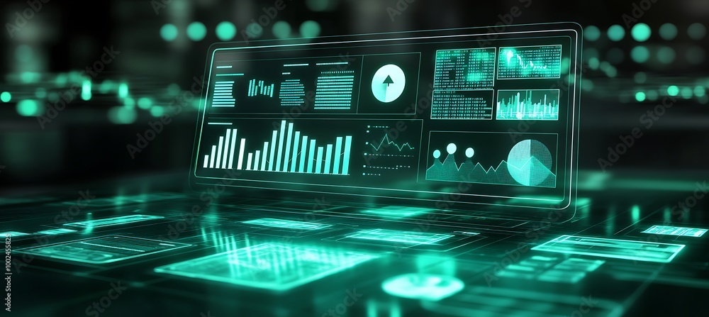Poster a holographic interface for managing personal finances, with floating graphs and charts