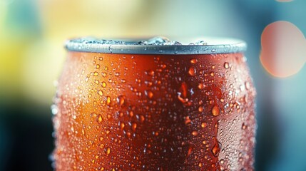 A soft drink can with condensation, highlighting the cold, refreshing nature of sugary sodas
