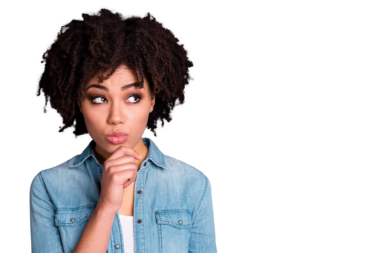 Close up photo of serious concentrated focused lady have problem trouble dont know what do touch chin hand fingers isolated grey background wear trend modern outfit denim