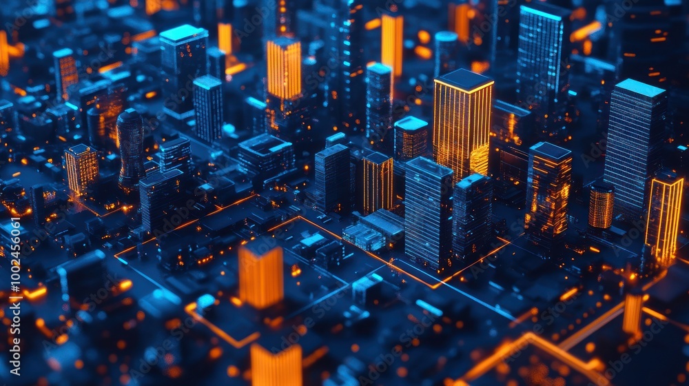 Poster a miniature cityscape with neon lights and grid pattern