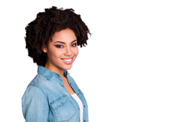 Portrait of cute lovely lady people feel glad future expert leader leadership enjoy free time weekend relax rest dressed denim clothes isolated grey background