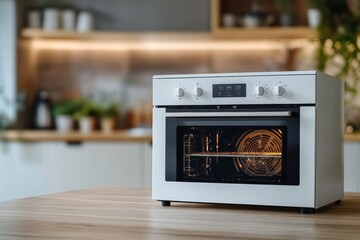 Fototapeta premium Modern countertop oven in a stylish kitchen setting with wooden accents and plants in the background
