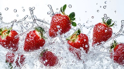   A group of strawberries splashes into water, with splashes on top and bottom