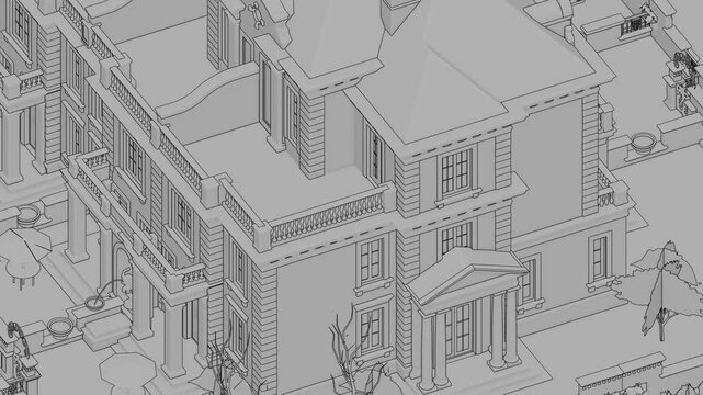 Luxury Villa Apartment Complex, Seamless 3D Loop Animation, 3d linework