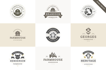 Obraz premium Farm fresh harvest food livestock organic production premium retro logo design template set vector flat illustration. Farming agriculture industrial farmhouse butchery ranch meat vegetables logotype