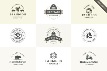 Fototapeta premium Farmhouse butchery organic meat production retro logo design template set vector flat illustration. Farm market agriculture industrial livestock tractor eco vegetables natural food logotype