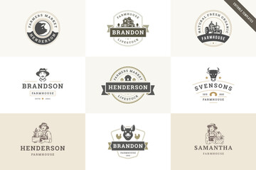 Farmer market livestock farmhouse retro logo design template set vector flat illustration. Farmers with fresh vegetables harvest agriculture and organic meat industrial production logotype