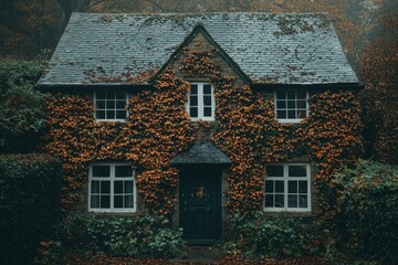 Obraz premium Stone Cottage Covered in Vines with a Black Door