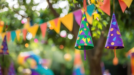   A tree with multiple colorful party hats dangling from its branches, framing a collection of similar hats on another tree