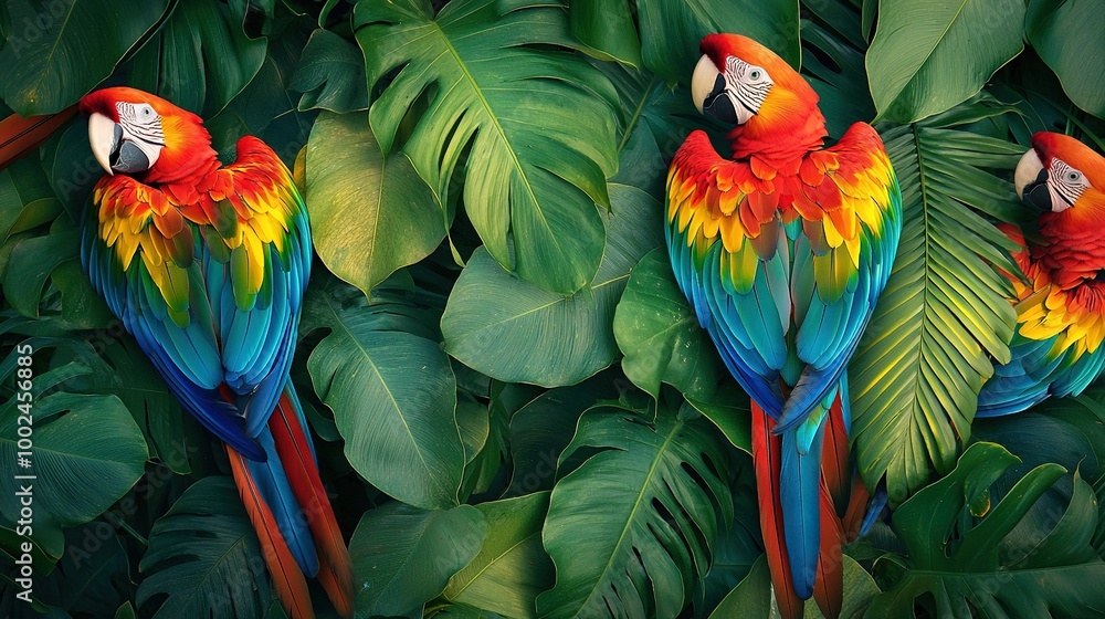 Sticker   A group of colorful parrots perched on a green, leaf-covered field of adjacent plants