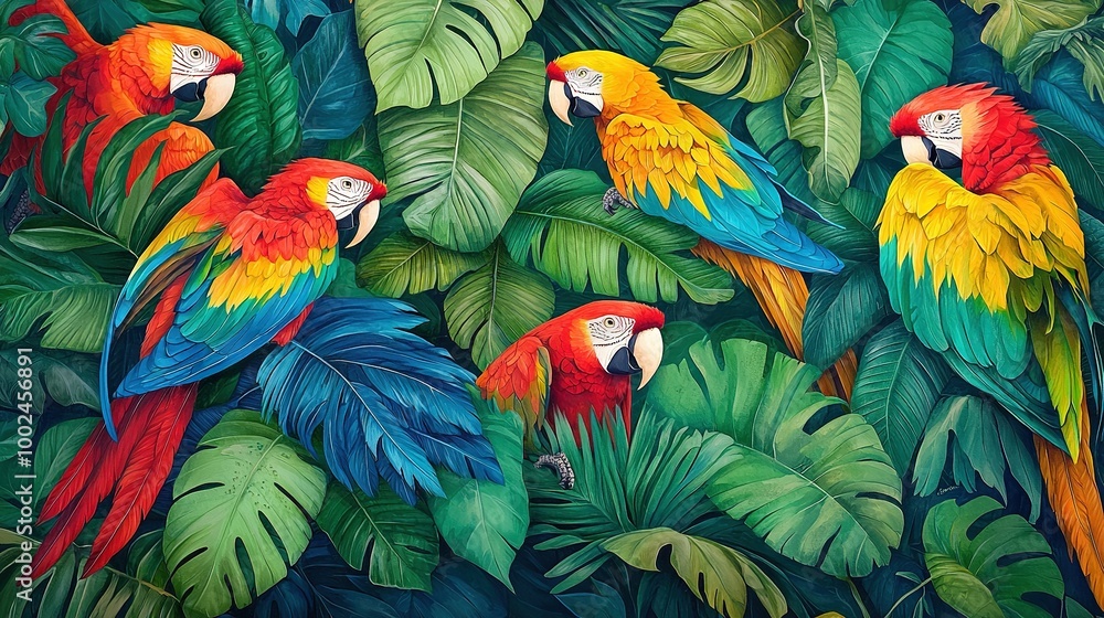 Sticker   A vibrant depiction of multiple parrots perched atop a verdant tree limb amidst lush, exotic foliage