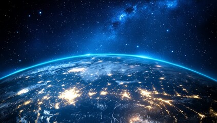 glowing earth from space at night with city lights and celestial wonders digital illustration