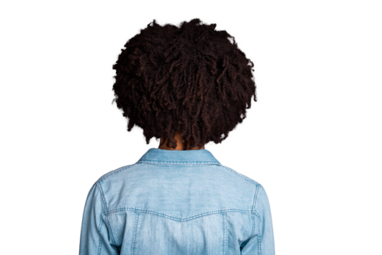 Close up back rear behind view photo of cool smart successful millennial stand behind show shoulders feel glad content relaxed dressed denim fashionable clothes isolated grey background