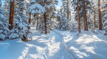 Scenic winter hike through snowy trail. Snowy winter hiking trail through a forest in the mountains