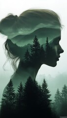 Woman Profile Blended With Majestic Mountains, Mist, Nature, And Serenity, Double Exposure Portrait