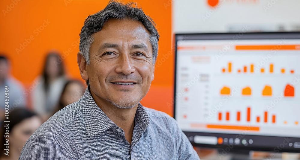 Poster a smiling professional man is seated at a desk, showcasing analytical data on a computer screen in a