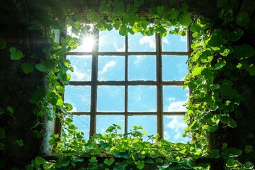 Sunlight Through a Window Overgrown with Vines