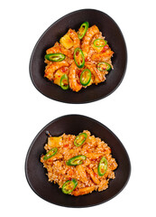 Two portions of delicious fried rice with seafood and pineapple being served on plates