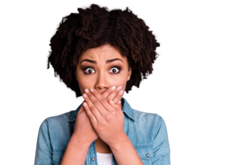 Close up photo of terrified lady millennial hold hand gesture hide mouth say tel talk wrong astonished fear frustrated upset horrified modern trendy stylish denim  clothes isolated grey background